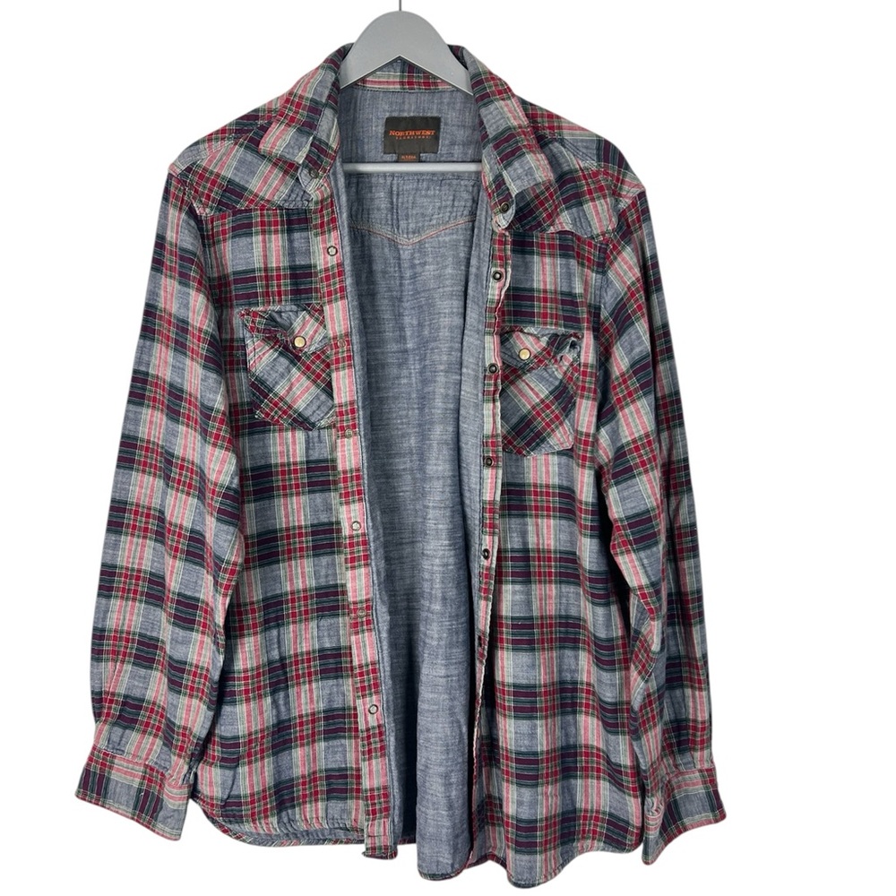 Northwest Territory chambray plaid cotton shirt XLT snap buttons‎